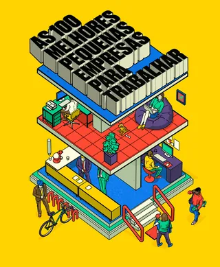 Isometric office building with workers and Portuguese text by Davi Augusto