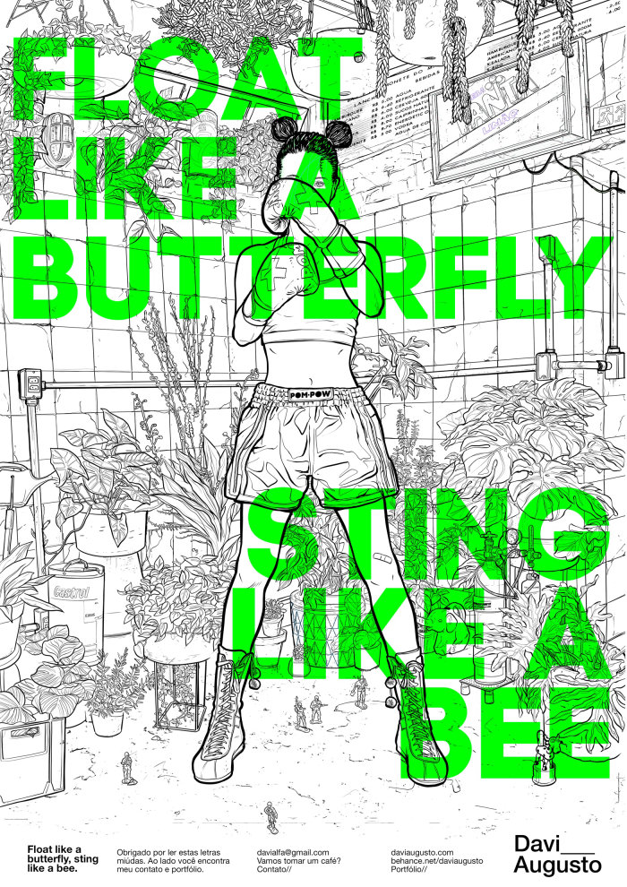 Flutuar como uma borboleta, picar como uma ilustração de letras de abelha