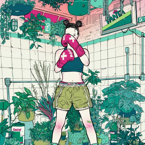 Young woman with boxing gloves in a vibrant urban garden by Davi Augusto