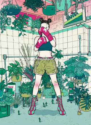 Young woman with boxing gloves in a vibrant urban garden by Davi Augusto