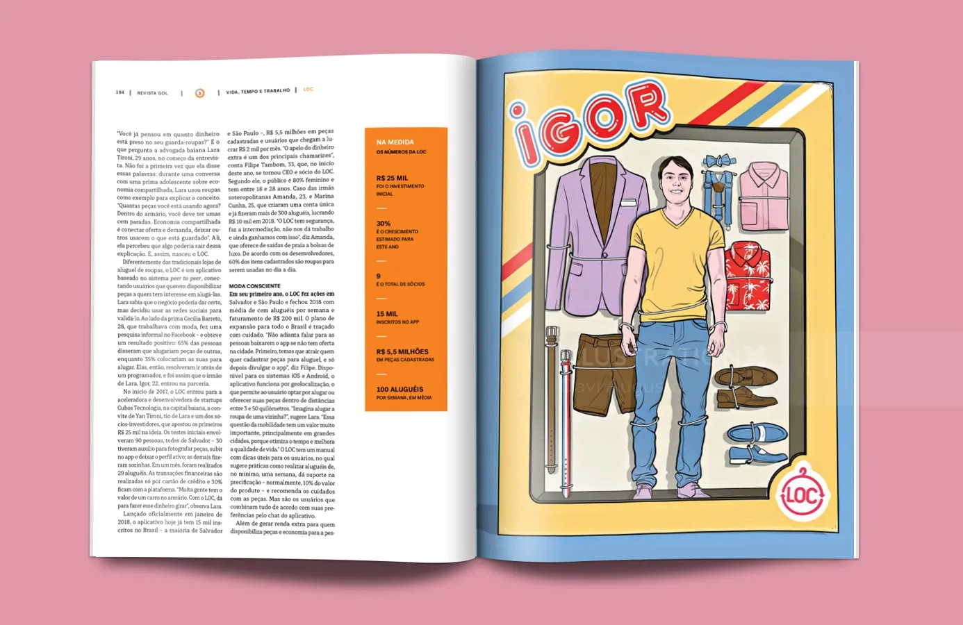 Magazine spread with text and colorful cartoon character Igor by Davi Augusto