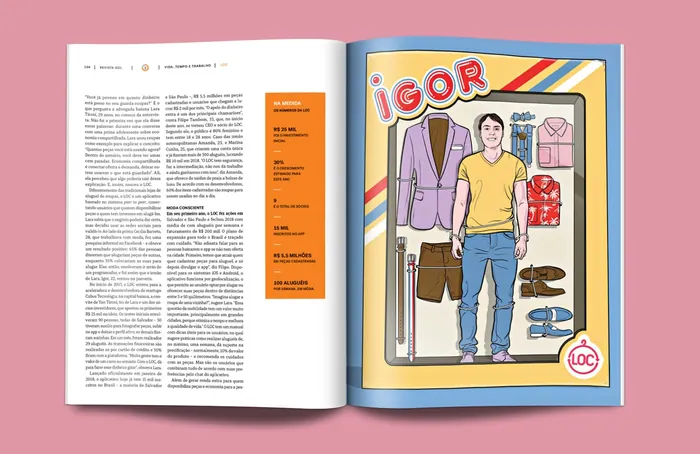 Magazine spread with text and colorful cartoon character Igor by Davi Augusto