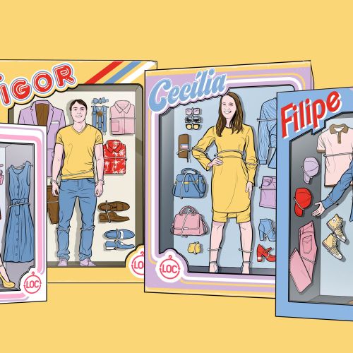 Illustration of four adults in action figure boxes by Davi Augusto