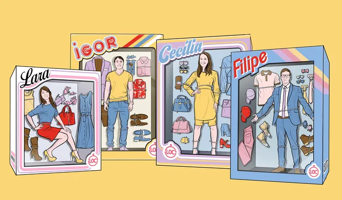 Illustration of four adults in action figure boxes by Davi Augusto