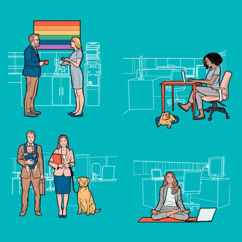 Illustrated office scenes with people, pets, and workspaces by Davi Augusto
