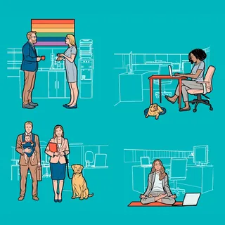 Illustrated office scenes with people, pets, and workspaces by Davi Augusto
