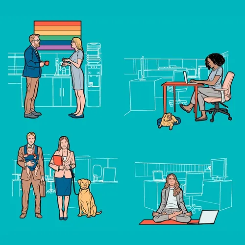 Ilustrações de cenas de escritório com pessoas, animais de estimação e espaços de trabalho por Davi Augusto