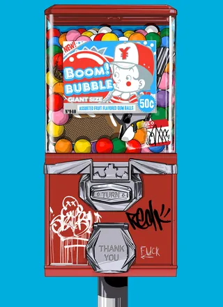 Red gumball machine with colorful gumballs and graffiti by Davi Augusto