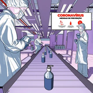 Workers in protective suits on production line with coronavirus prevention sign by Davi Augusto