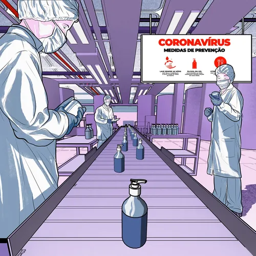 Trabalhadores com trajes de proteção em linha de produção com placa de prevenção ao coronavírus por Davi Augusto