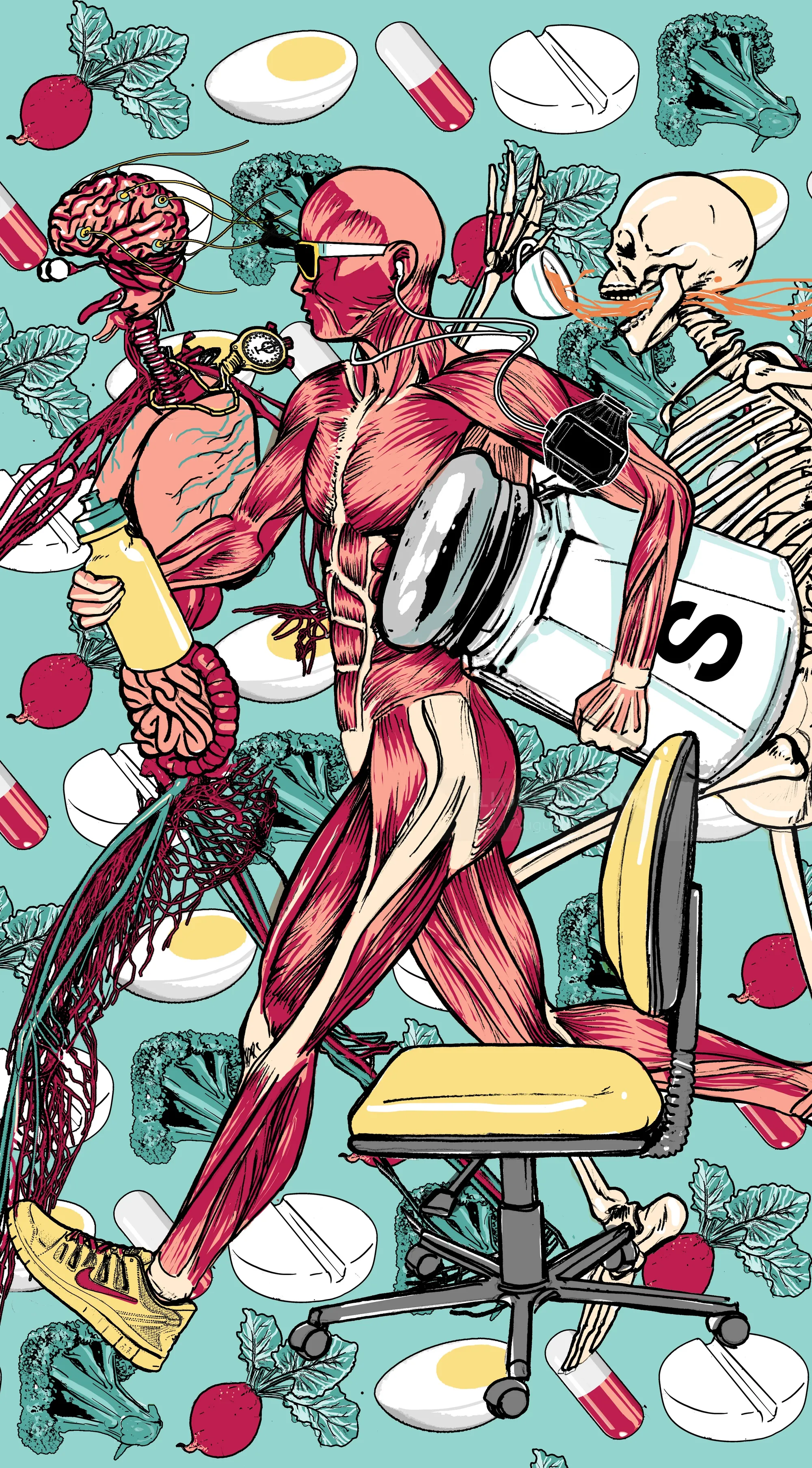 Anatomy illustration showing muscles, skeleton, brain, and pills by Davi Augusto
