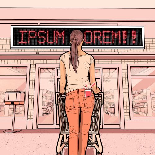 Woman pushing shopping cart toward store entrance with digital sign above by Davi Augusto