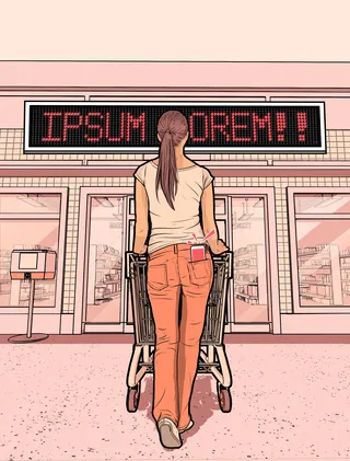 Woman pushing shopping cart toward store entrance with digital sign above by Davi Augusto