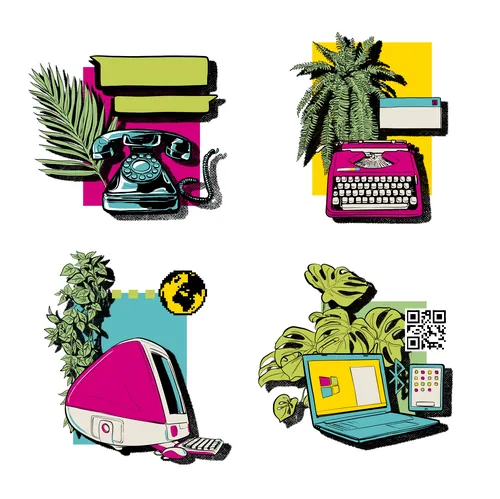 Colagem retrô de tecnologia e plantas por Davi Augusto