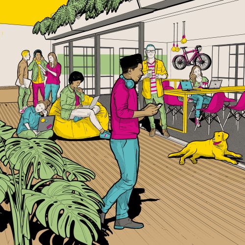 Illustration of people socializing outdoors with dog and plants by Davi Augusto