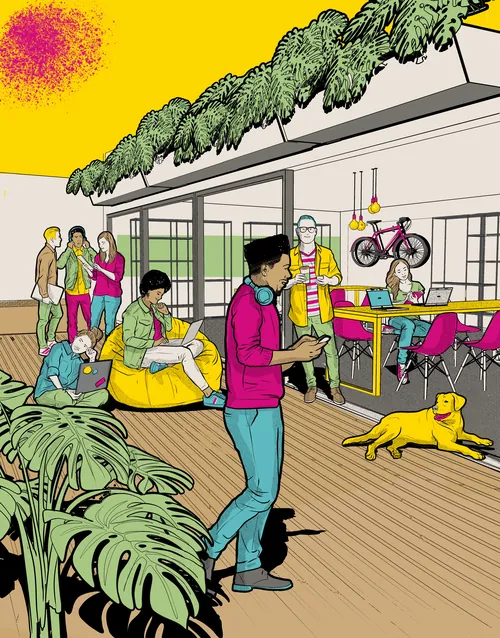 Ilustração de pessoas socializando ao ar livre com um cachorro e plantas por Davi Augusto