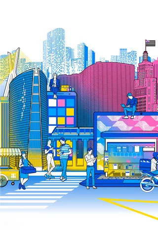 Urban cityscape with skyscrapers and people, digital illustration by Davi Augusto