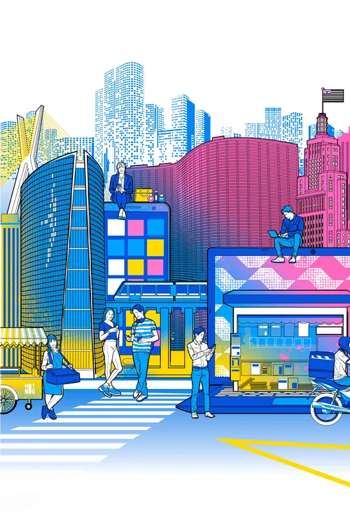 Paisagem urbana com arranha-céus e pessoas, ilustração digital por Davi Augusto