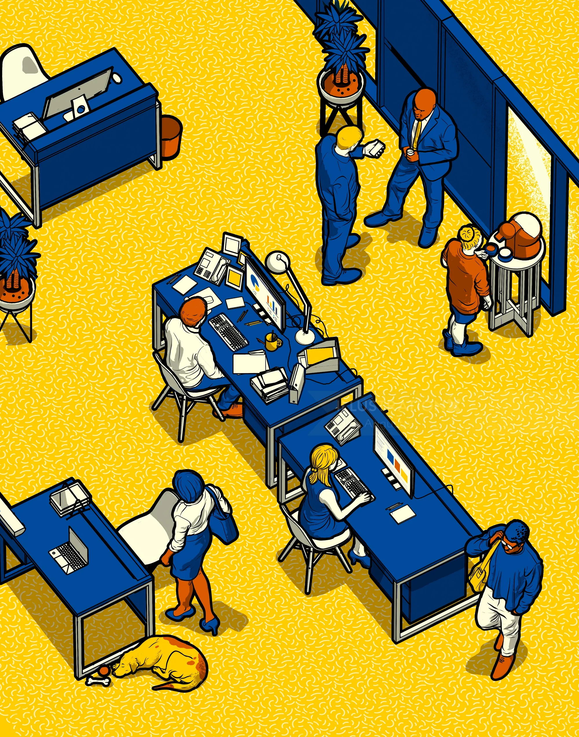 Isometric office scene with workers interacting and a dog on the floor by Davi Augusto