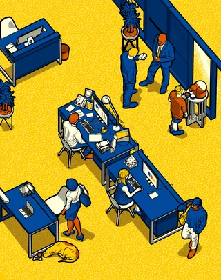 Isometric office scene with workers interacting and a dog on the floor by Davi Augusto