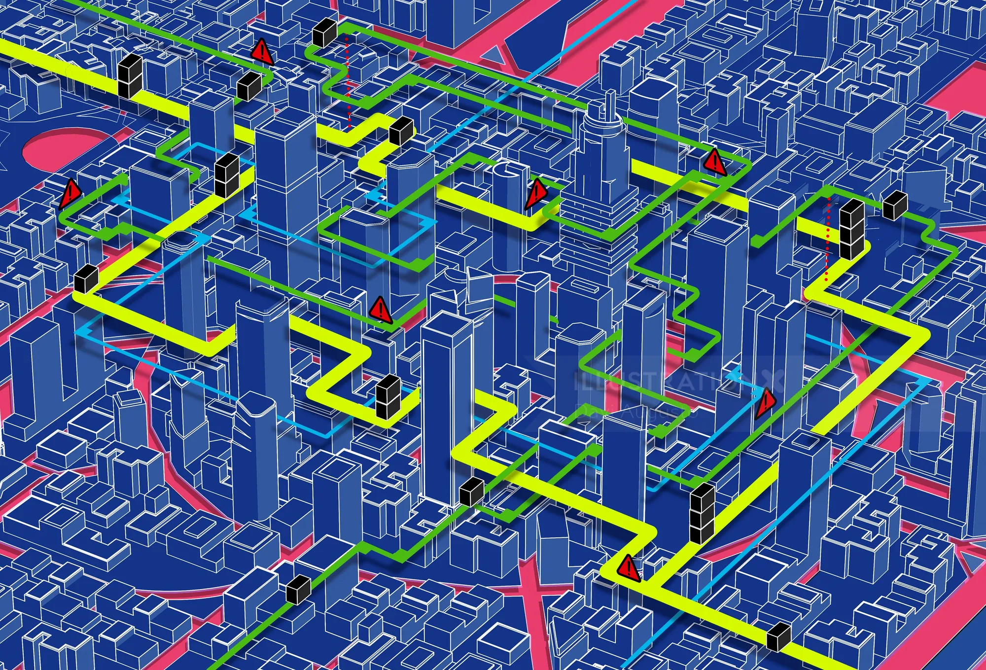 3D cityscape with blue buildings and yellow elevated pathways by Davi Augusto