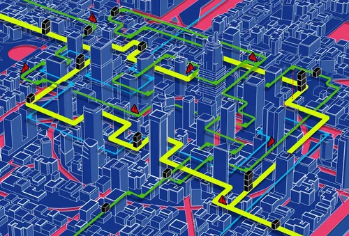 Paisagem urbana em 3D com prédios azuis e passarelas elevadas amarelas por Davi Augusto