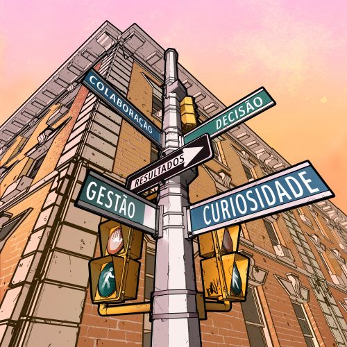 Street signpost with business terms in front of a brick building by Davi Augusto