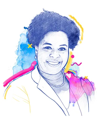 Colorful mixed media portrait of a smiling woman by Davi Augusto