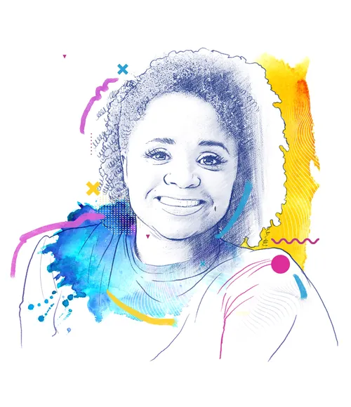 Retrato de uma mulher sorridente com cabelos cacheados, da artista Davi Augusto