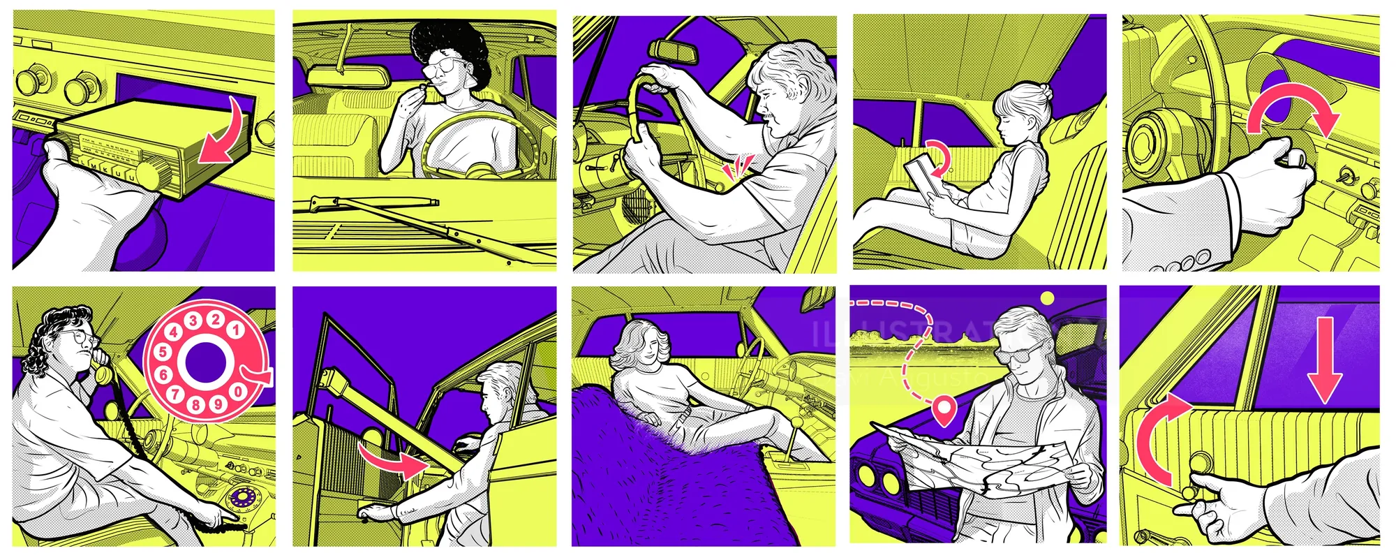 Ilustração de um homem usando um telefone de disco e uma máquina de escrever por Davi Augusto