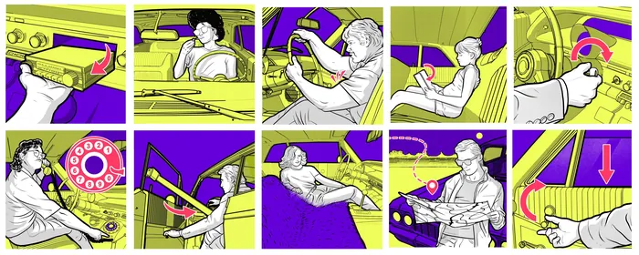 Illustration of man using rotary phone and typewriter by Davi Augusto