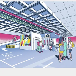 Illustration of people in a modern exhibition space with geometric ceiling by Davi Augusto