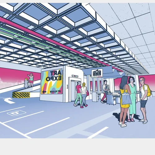 Ilustração de pessoas em um espaço de exposição moderno com teto geométrico por Davi Augusto