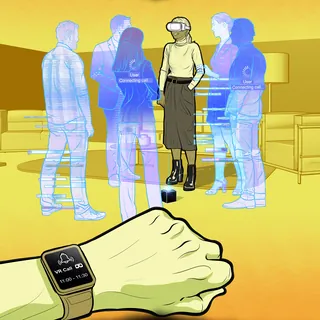 Person using virtual reality headset and smartwatch in holographic environment by Davi Augusto