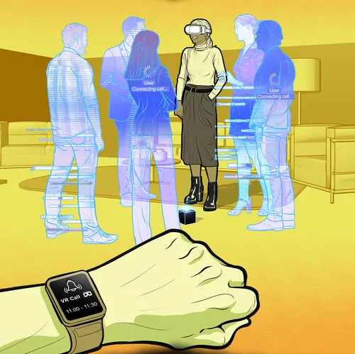 Pessoa usando óculos de realidade virtual e smartwatch em ambiente holográfico por Davi Augusto