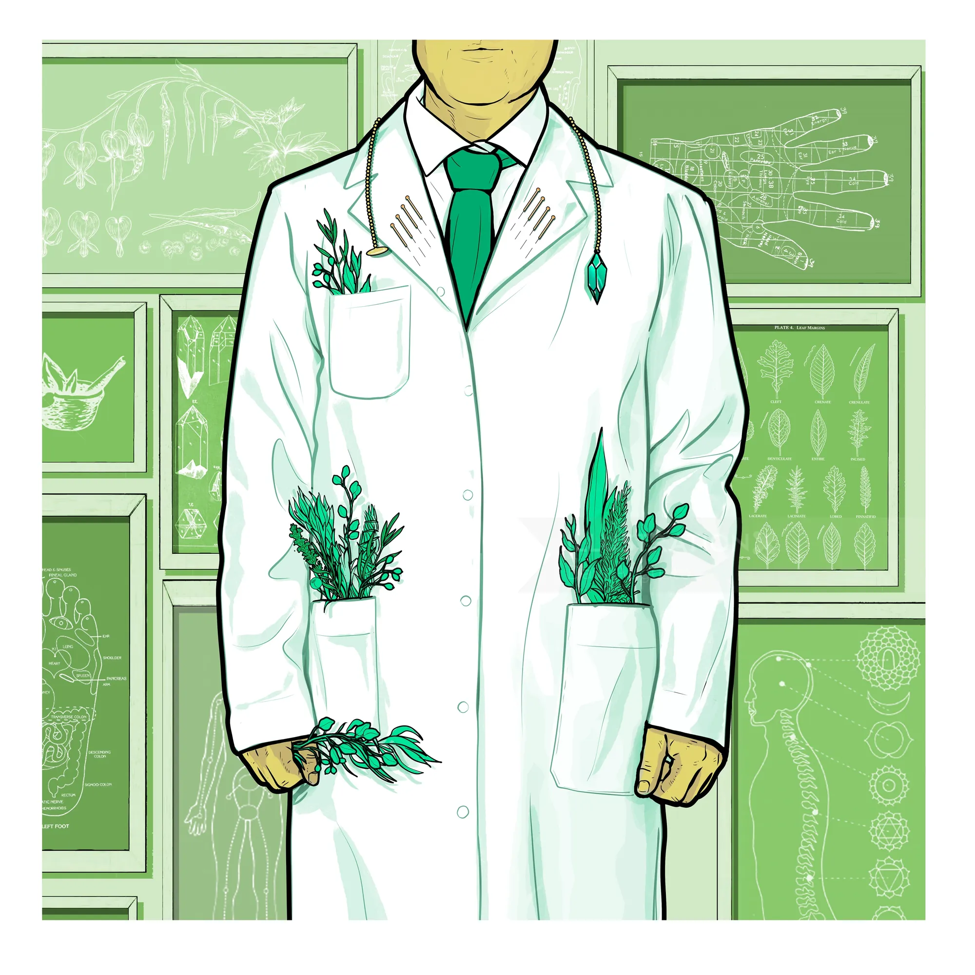 Scientist in lab coat with plants growing from pockets and sleeves by Davi Augusto