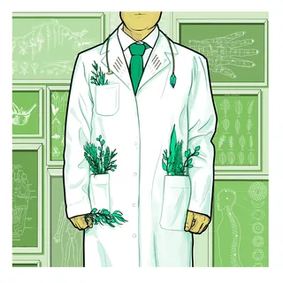 Scientist in lab coat with plants growing from pockets and sleeves by Davi Augusto