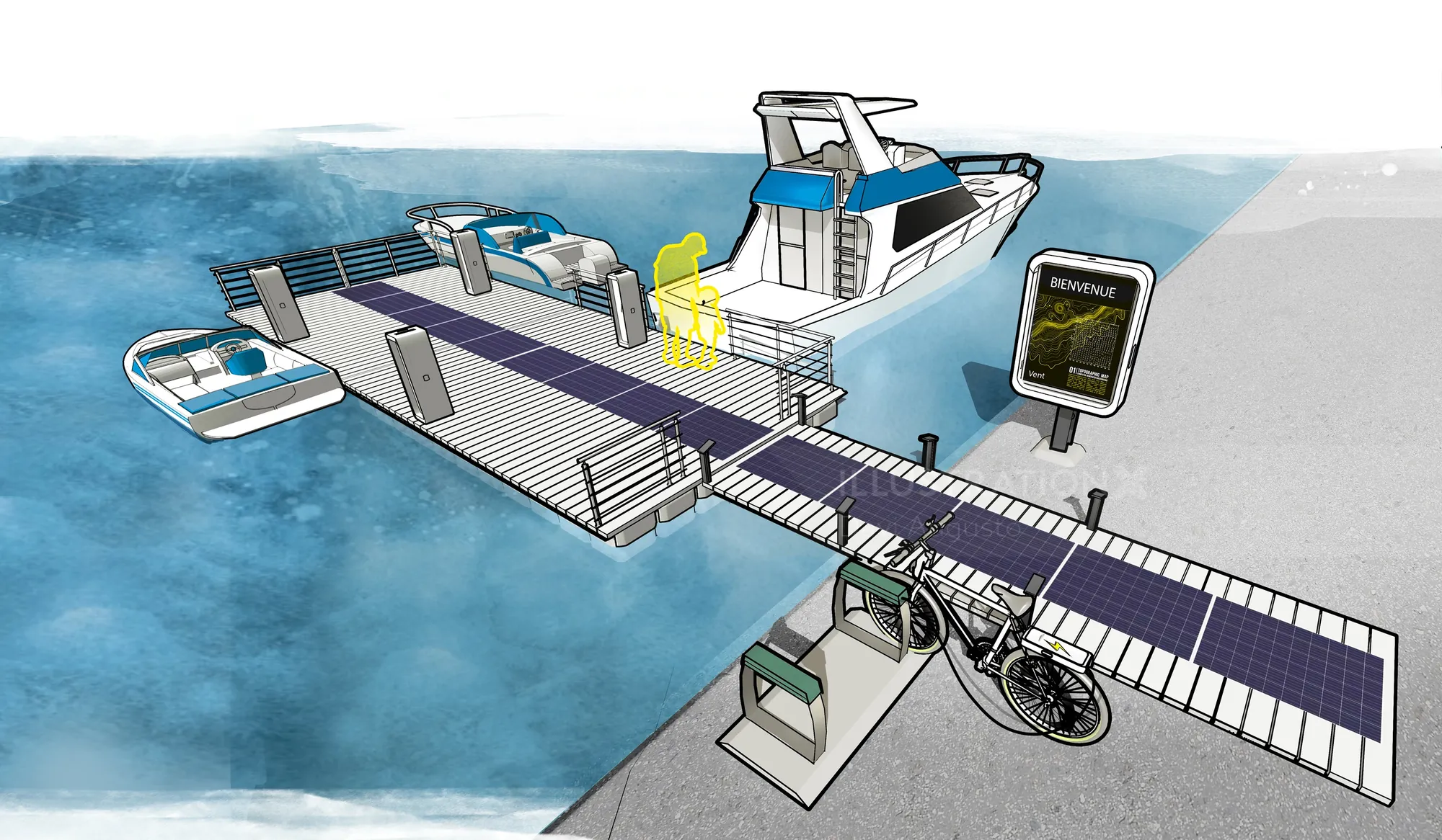 Illustration of a solar-powered ferry dock with bike and charging station by Davi Augusto