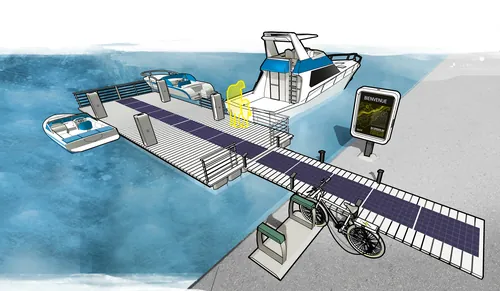 Ilustração de um cais de ferry movido a energia solar com estação de carregamento para bicicletas, por Davi Augusto