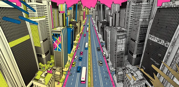 Stylized cityscape with skyscrapers and traffic, digital artwork by Davi Augusto