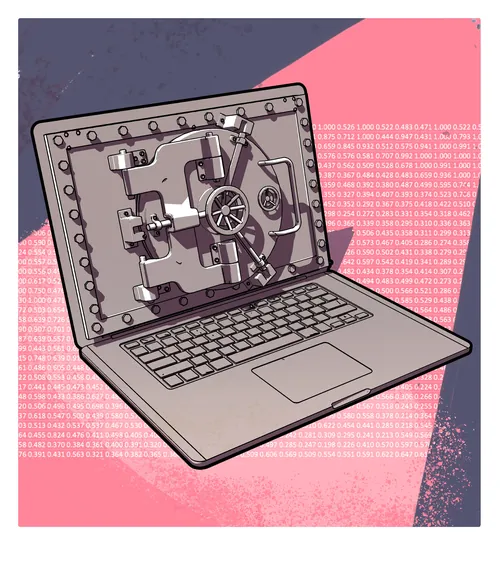 Tela de laptop mostrando a porta de um cofre representando a segurança cibernética por Davi Augusto