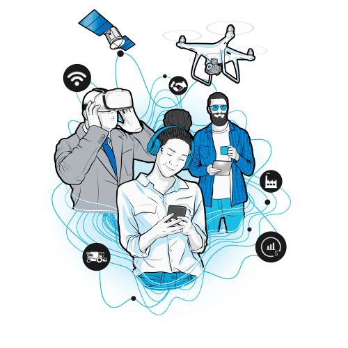 People using virtual reality headset, drone, and smartphone by Davi Augusto