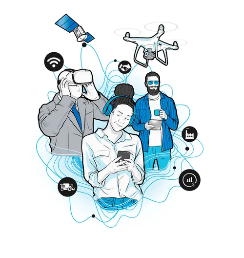 Pessoas usando óculos de realidade virtual, drones e smartphones por Davi Augusto