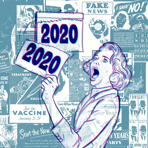 Mulher segurando calendários de 2020 com manchetes sobre a pandemia por Davi Augusto
