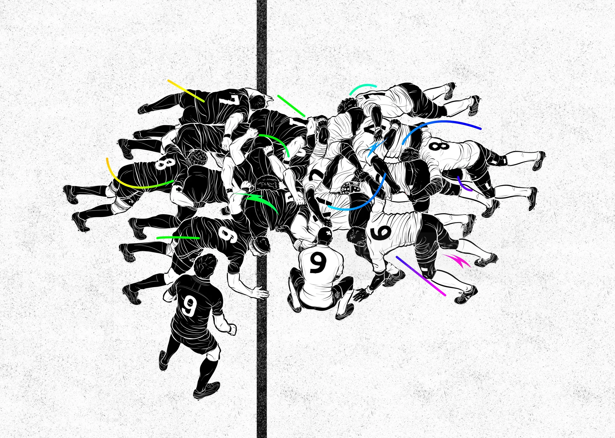 Formação de scrum no rugby com jogadores se empurrando, ilustração de Davi Augusto