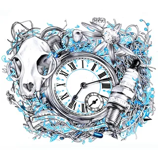 Clock surrounded by animal skull, spark plug, and flowers by Davi Augusto