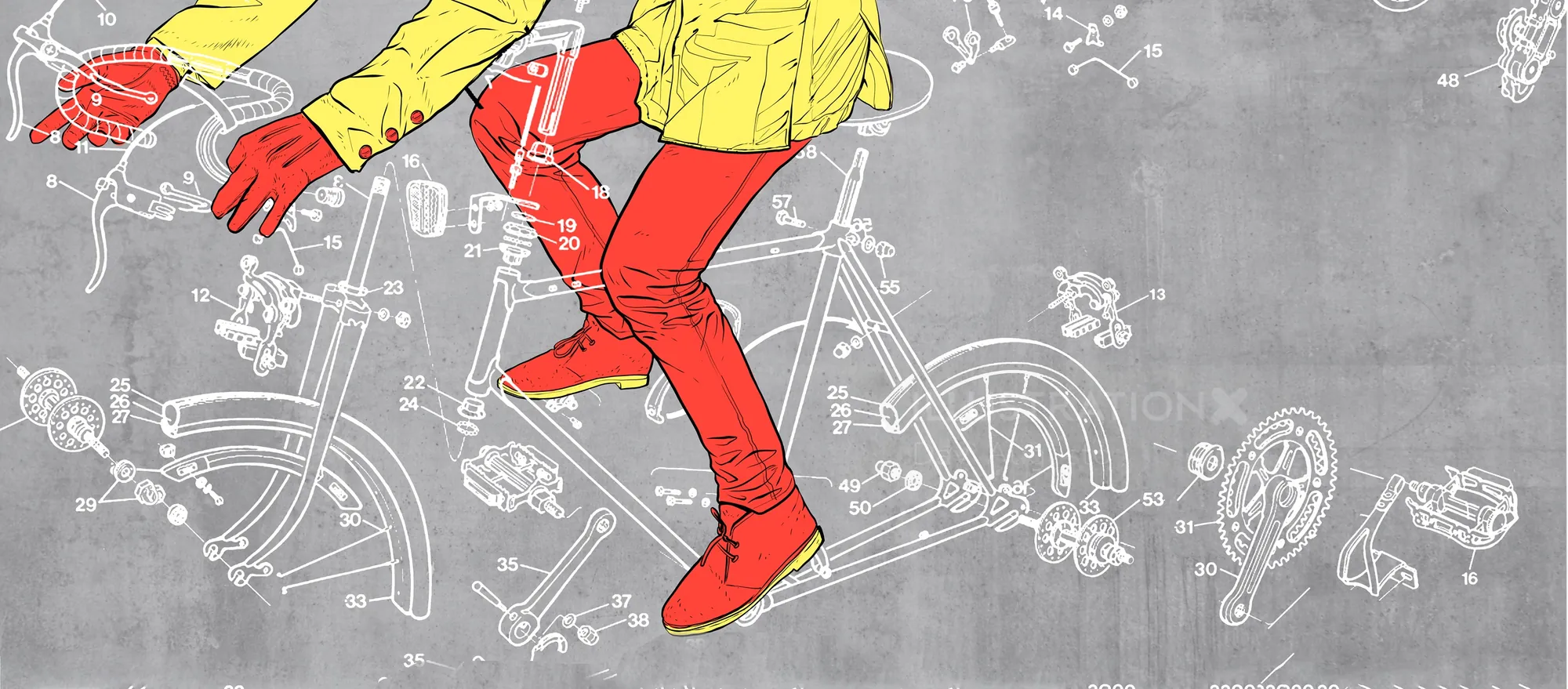 Ilustração de uma pessoa com jaqueta amarela e calça vermelha andando de bicicleta por Davi Augusto
