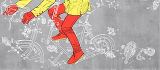 Illustration of a person in yellow jacket and red pants riding a bicycle by Davi Augusto