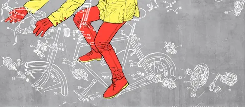 Ilustração de uma pessoa com jaqueta amarela e calça vermelha andando de bicicleta por Davi Augusto