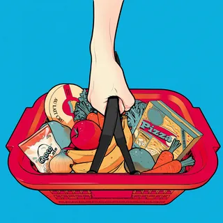 Shopping basket with groceries including pizza and vegetables by Davi Augusto